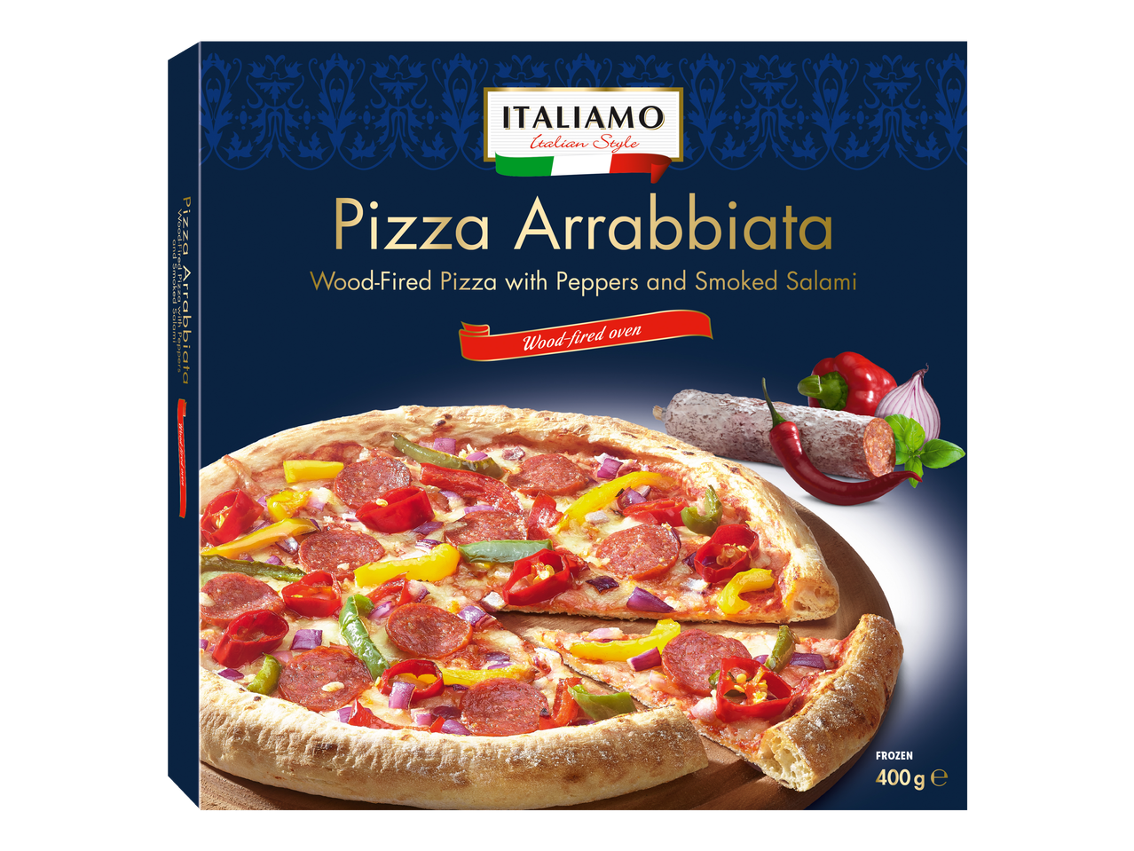 Italiamo Wood-Fired Pizza Arrabbiata with peppers and smoked salami, 400g frozen.