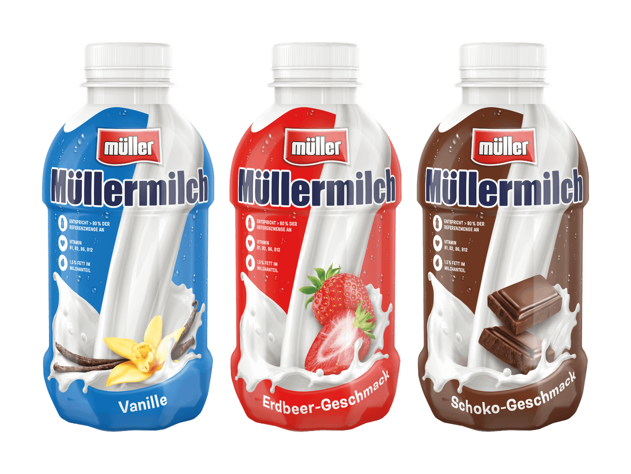 Drei Müller Milchgetränke in den Geschmacksrichtungen Vanille, Erdbeere und Schokolade.