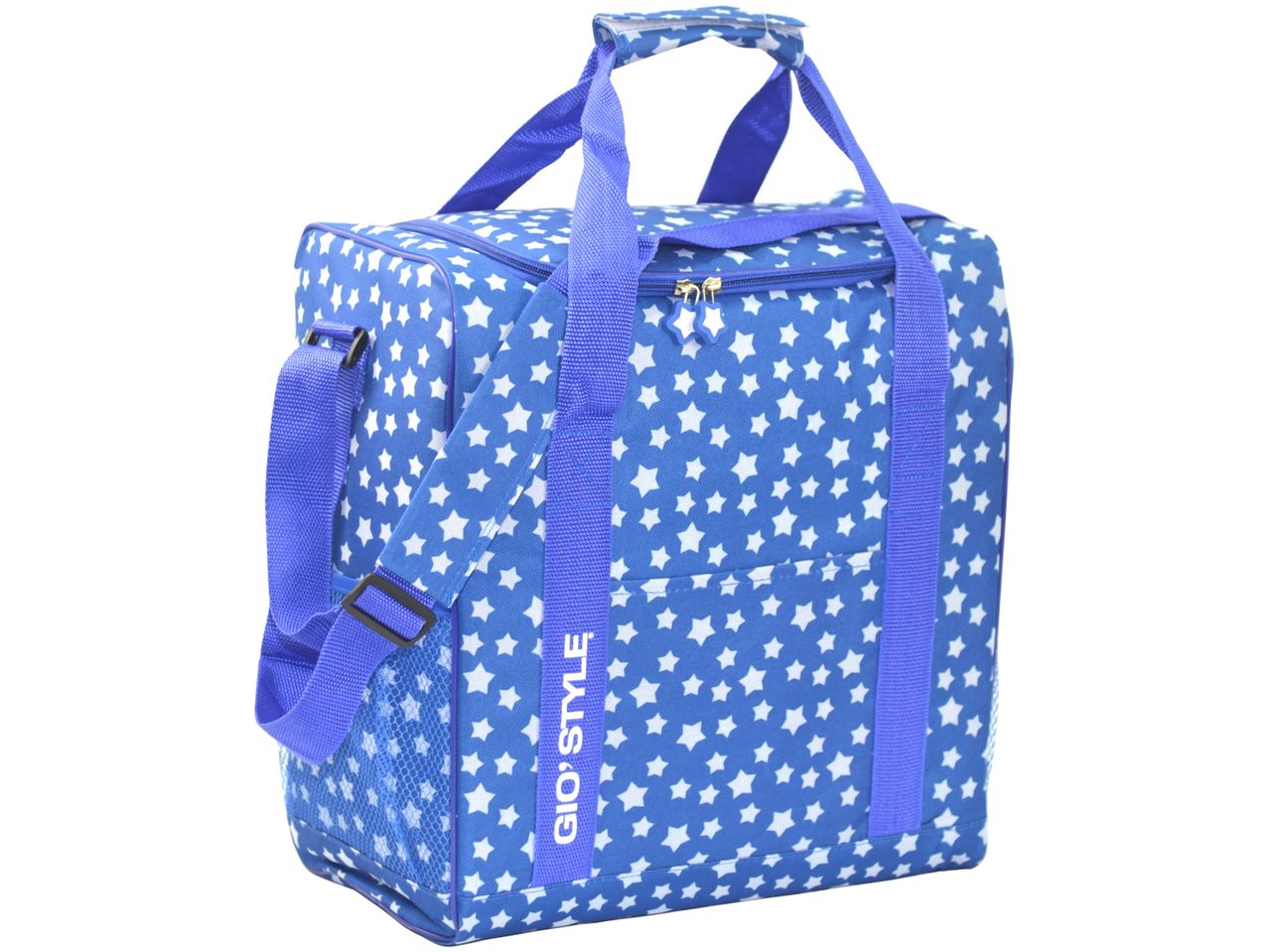 A blue and white Thermal Bag with a shoulder strap.