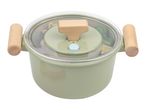 Toy cooking pot with a clear lid, wooden handles, and colorful toy food inside.