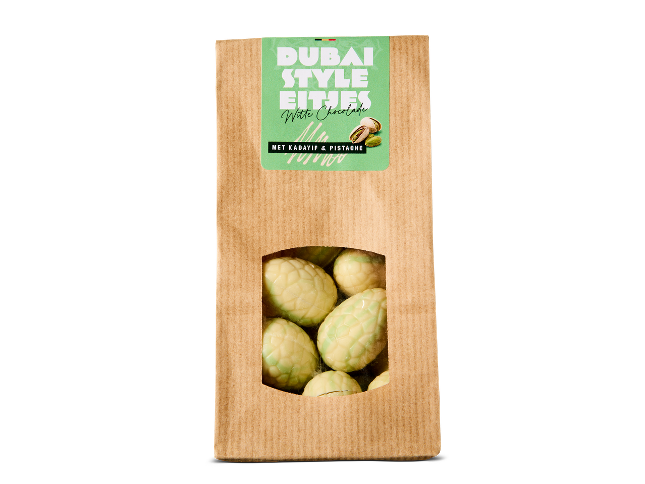 Papieren zak met witte chocolade eitjes met pistache en kadayif, in Dubai-stijl.