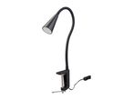 Black clamp desk lamp with a flexible gooseneck and conical shade
