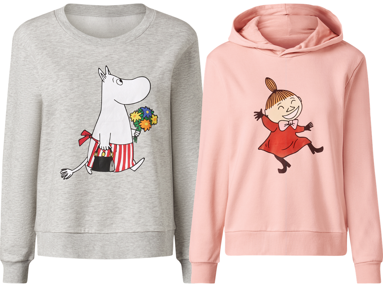 Två tröjor: en grå med Mumin och en rosa med Lilla My.