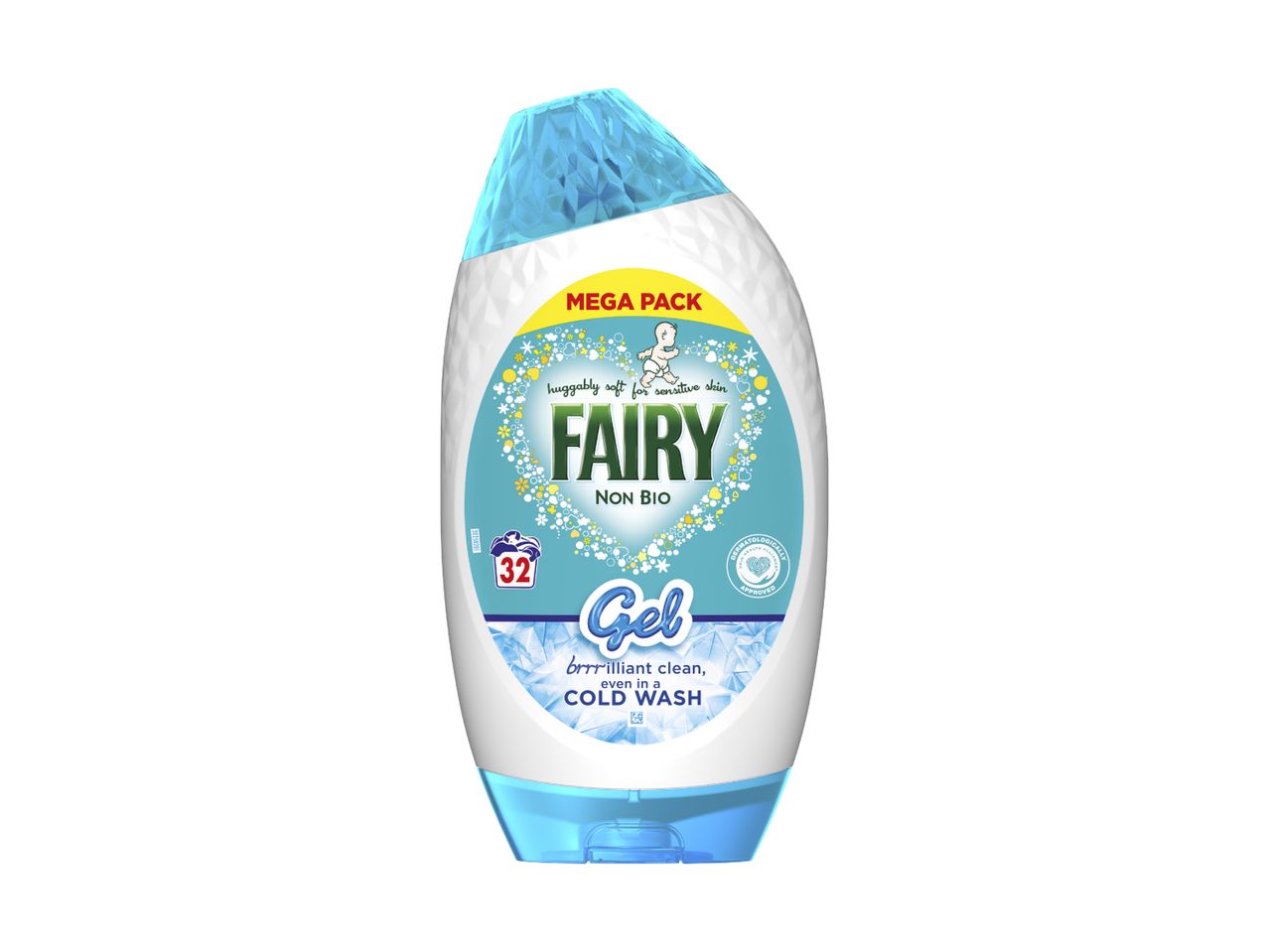 Fairy Non Bio laundry gel, mega pack, suitable for sensitive skin.