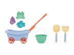 Children's beach toy set with a blue wagon, green bucket, sand molds, shovel, and rake.