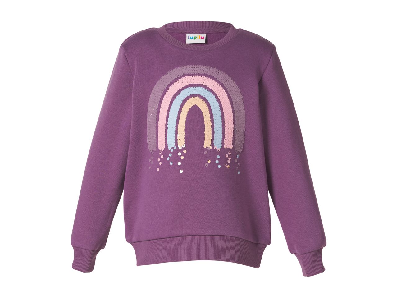 Purple children's sweatshirt with a sequined rainbow design on the front.