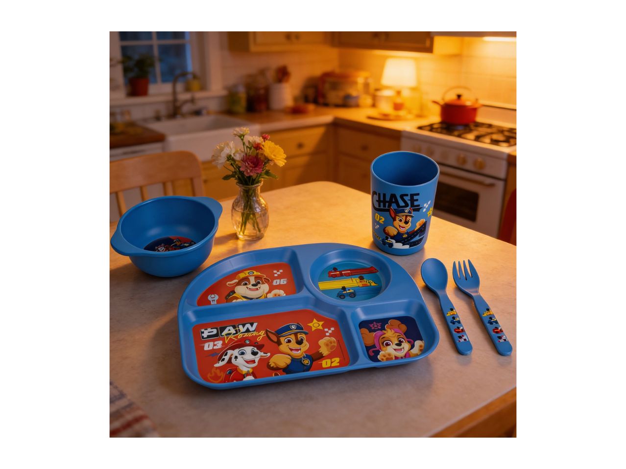 Blue Paw Patrol themed children's dinnerware set with plate, bowl, cup, fork, and spoon.