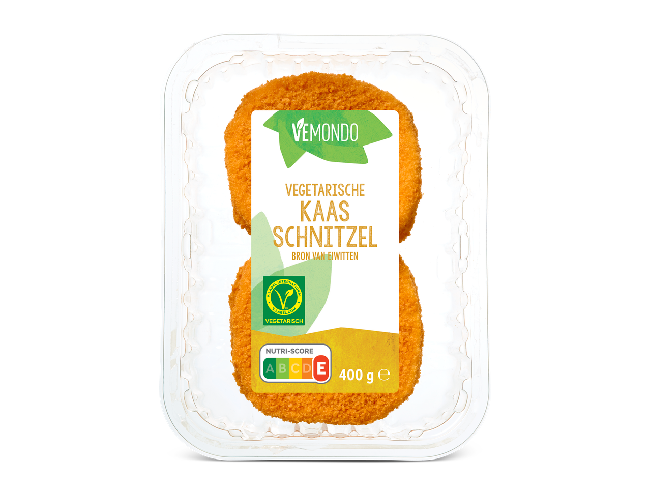 Twee Vemondo vegetarische kaasschnitzels, 400g.