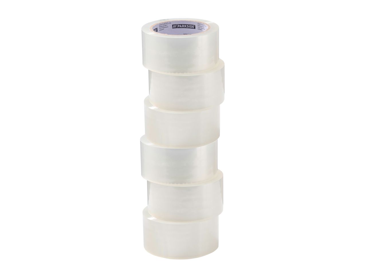 A stack of six Parkside transparent packing tape rolls.