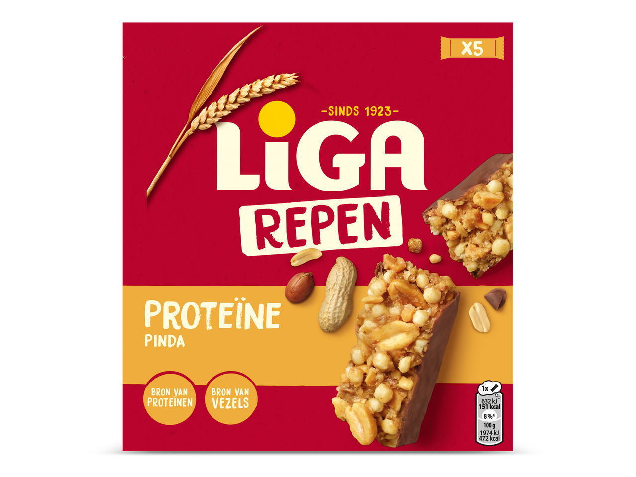 Verpakking van proteïnerepen met pinda, met afbeeldingen van de repen en pinda's.