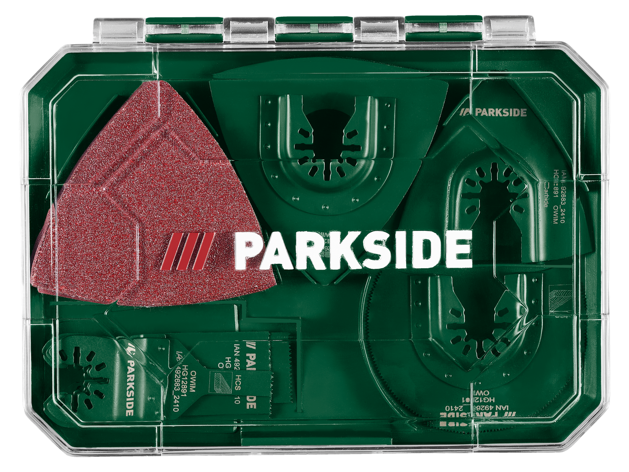 Σετ αξεσουάρ Parkside για πολυεργαλείο με λεπίδες και δίσκους λείανσης.