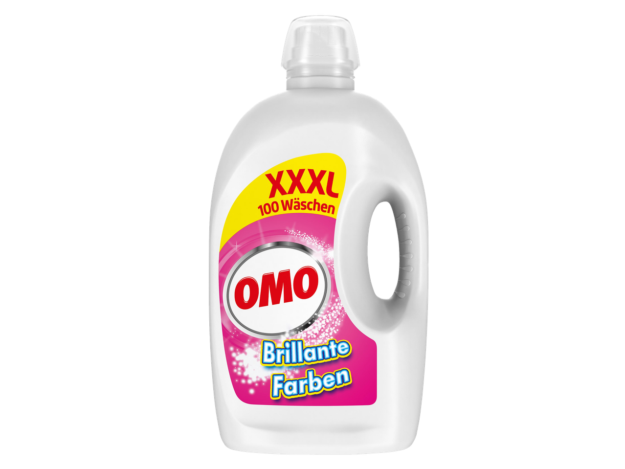 Fehér mosószeres flakon rózsaszín címkével, rajta „XXXL 100 Wäschen” és „Brillante Farben” felirat.