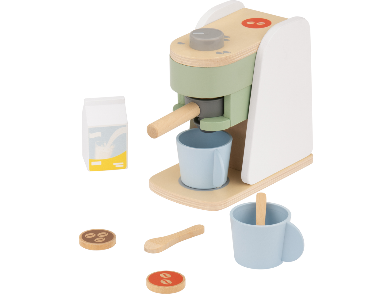 Set gioco caffettiera in legno con accessori, incluse tazze e latte.