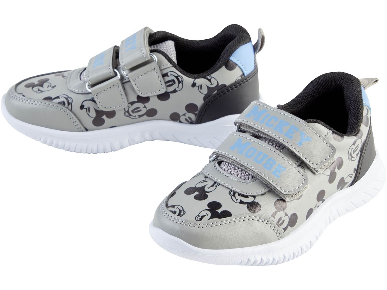 Two gray Mickey Mouse sneakers with blue accents and hook-and-loop closures.