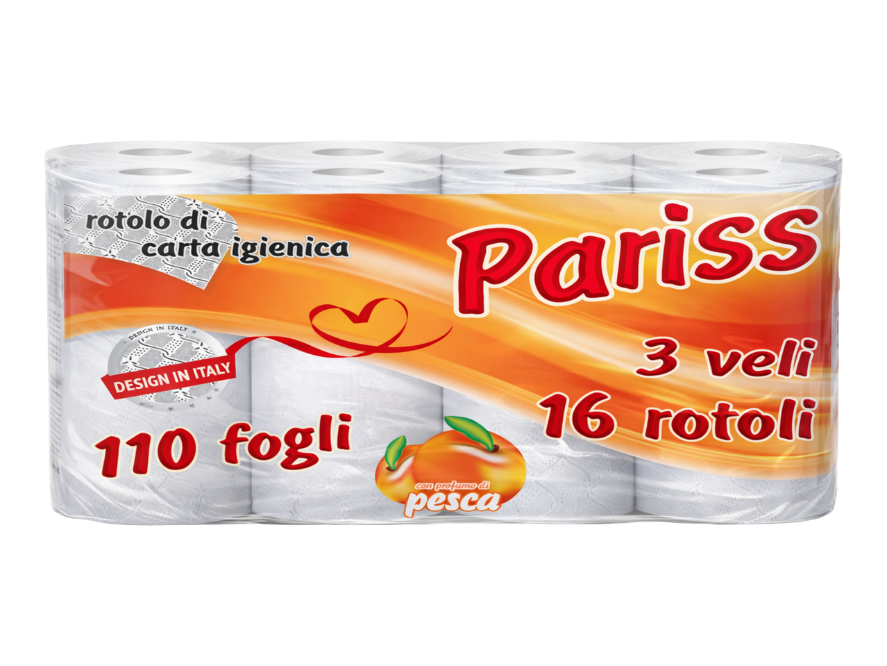 Pachet de hârtie igienică cu 16 role, 3 straturi, 110 foi, cu parfum de piersică.