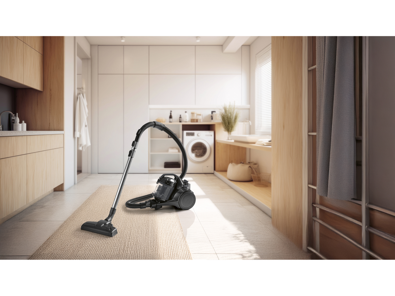 Aspirator Silvercrest® într-o spălătorie modernă cu elemente din lemn.