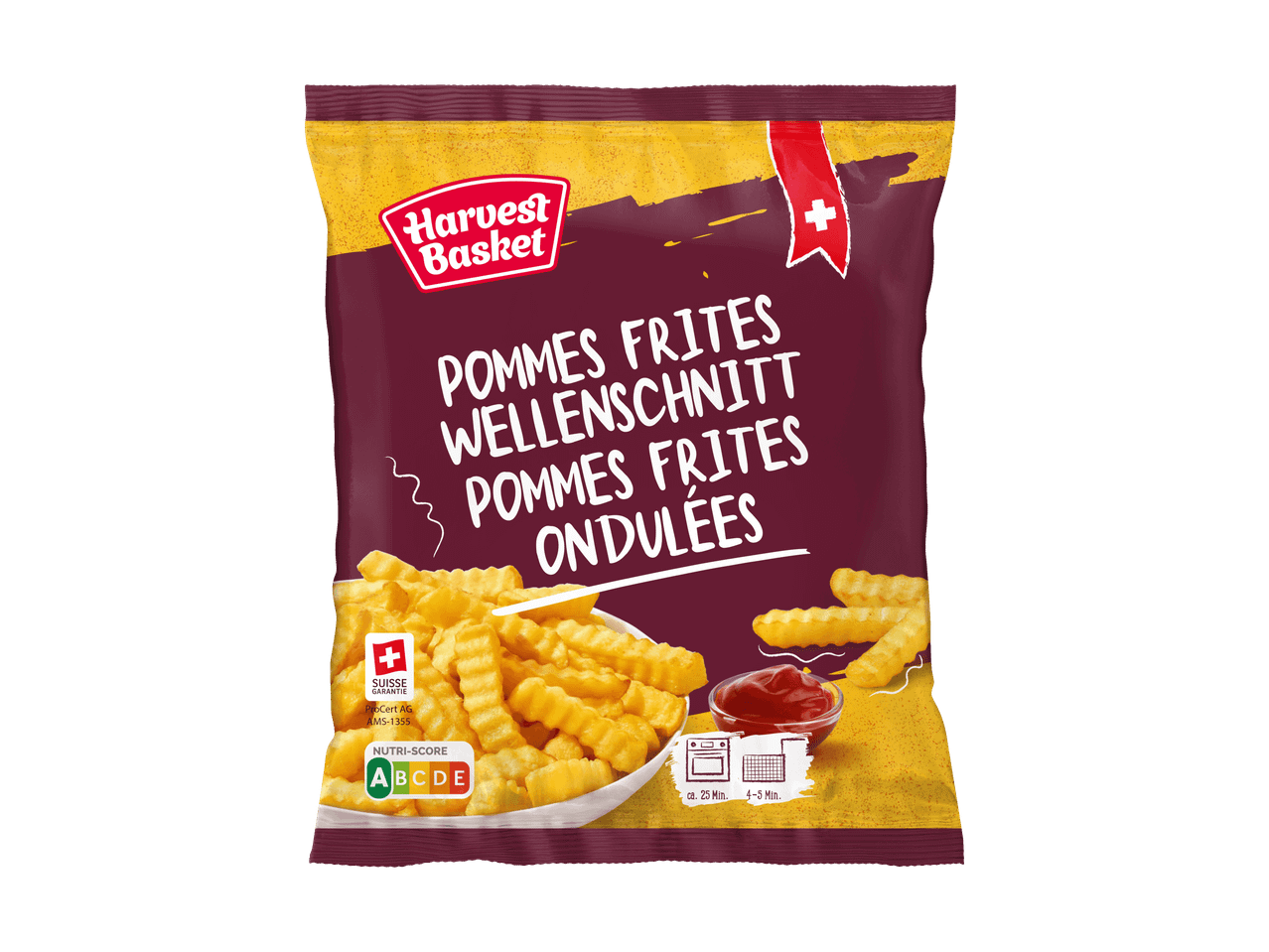 Paquet de frites ondulées avec Nutri-Score A, drapeau suisse et temps de cuisson.