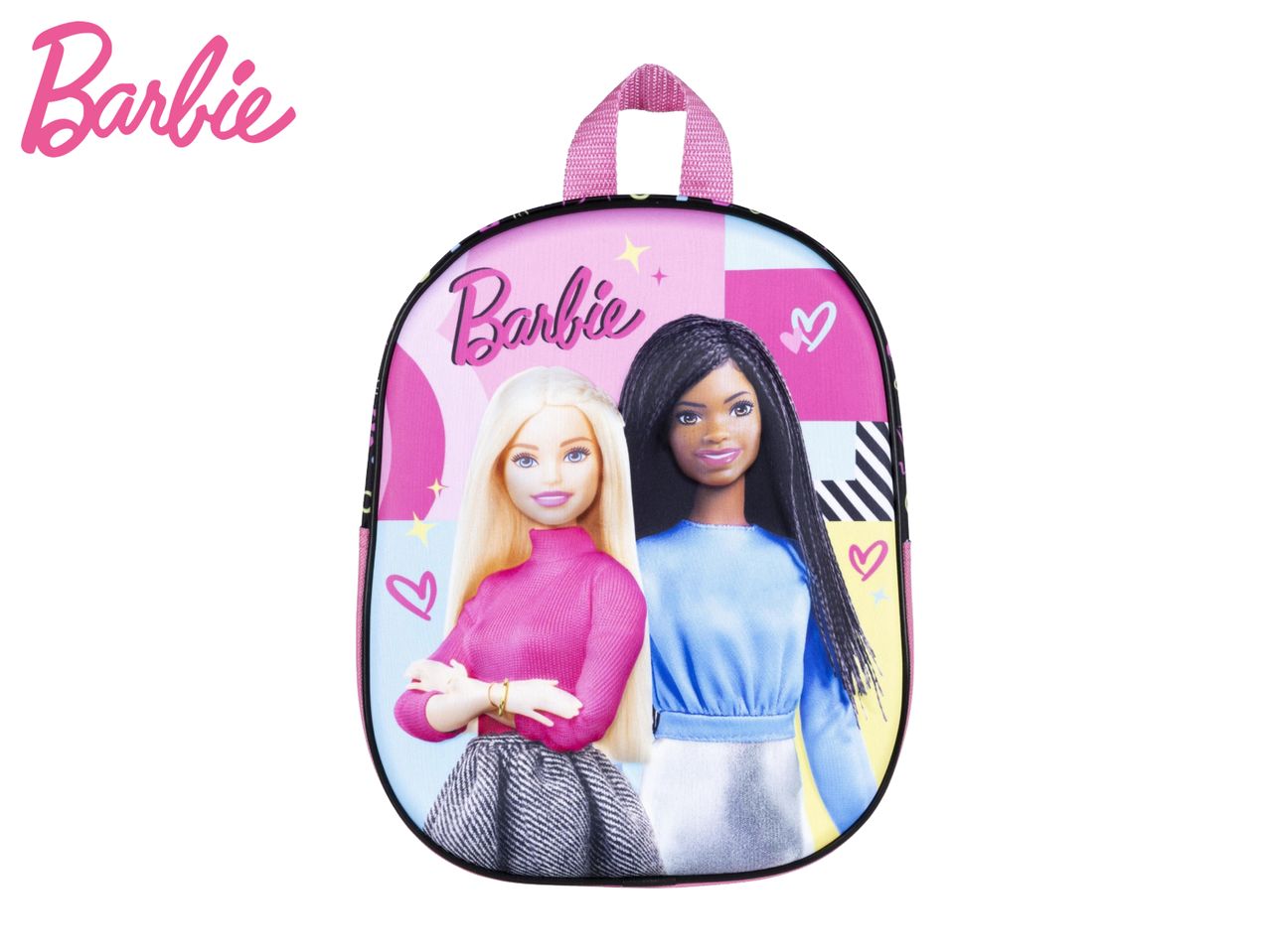 Pink backpack with two dolls, one blonde in pink and one dark-haired in blue.