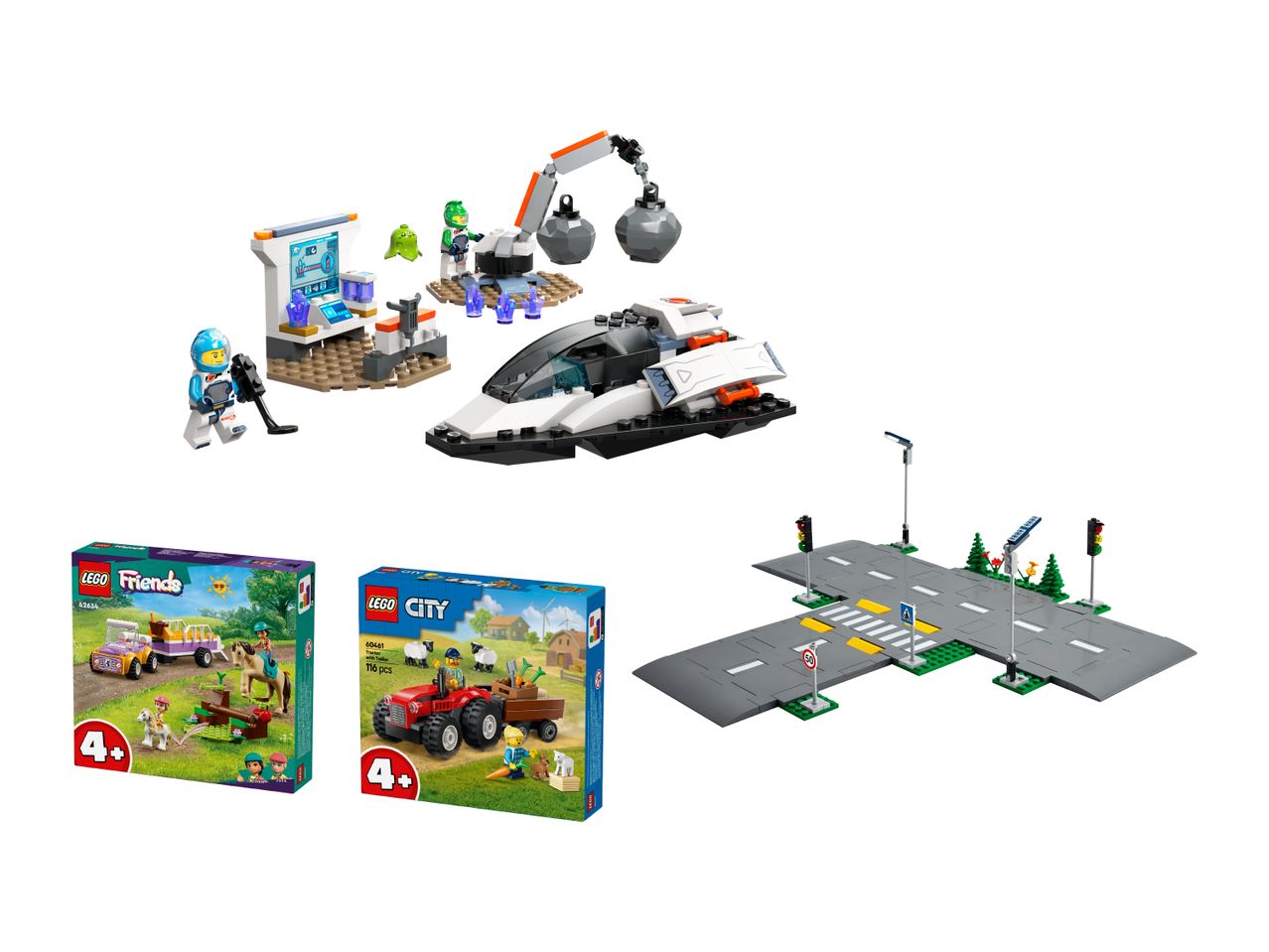 Playmobil kompleti: hitro plovilo, kmetijska vozila in cestni odseki.