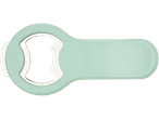 A mint green bottle opener with a smooth, rounded handle.