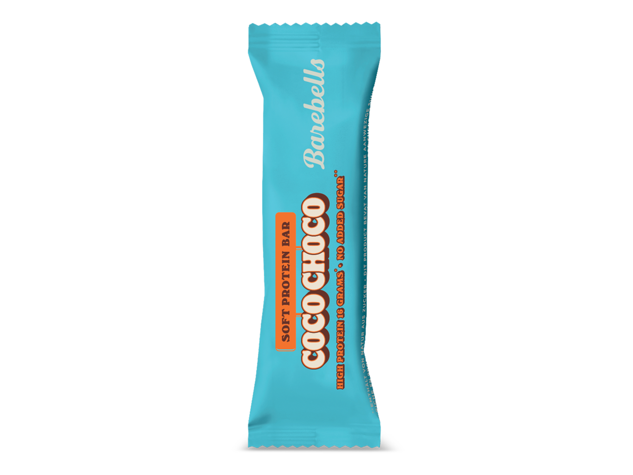 Een zachte proteïnebar met kokos- en chocoladesmaak in een lichtblauwe verpakking.