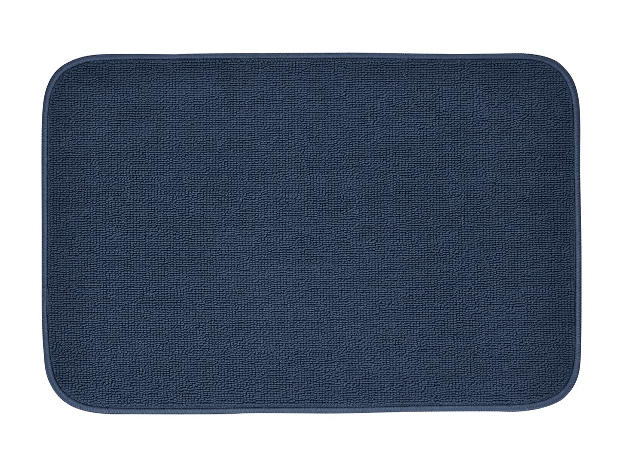 Dark blue rectangular bath mat with rounded corners and textured surface.