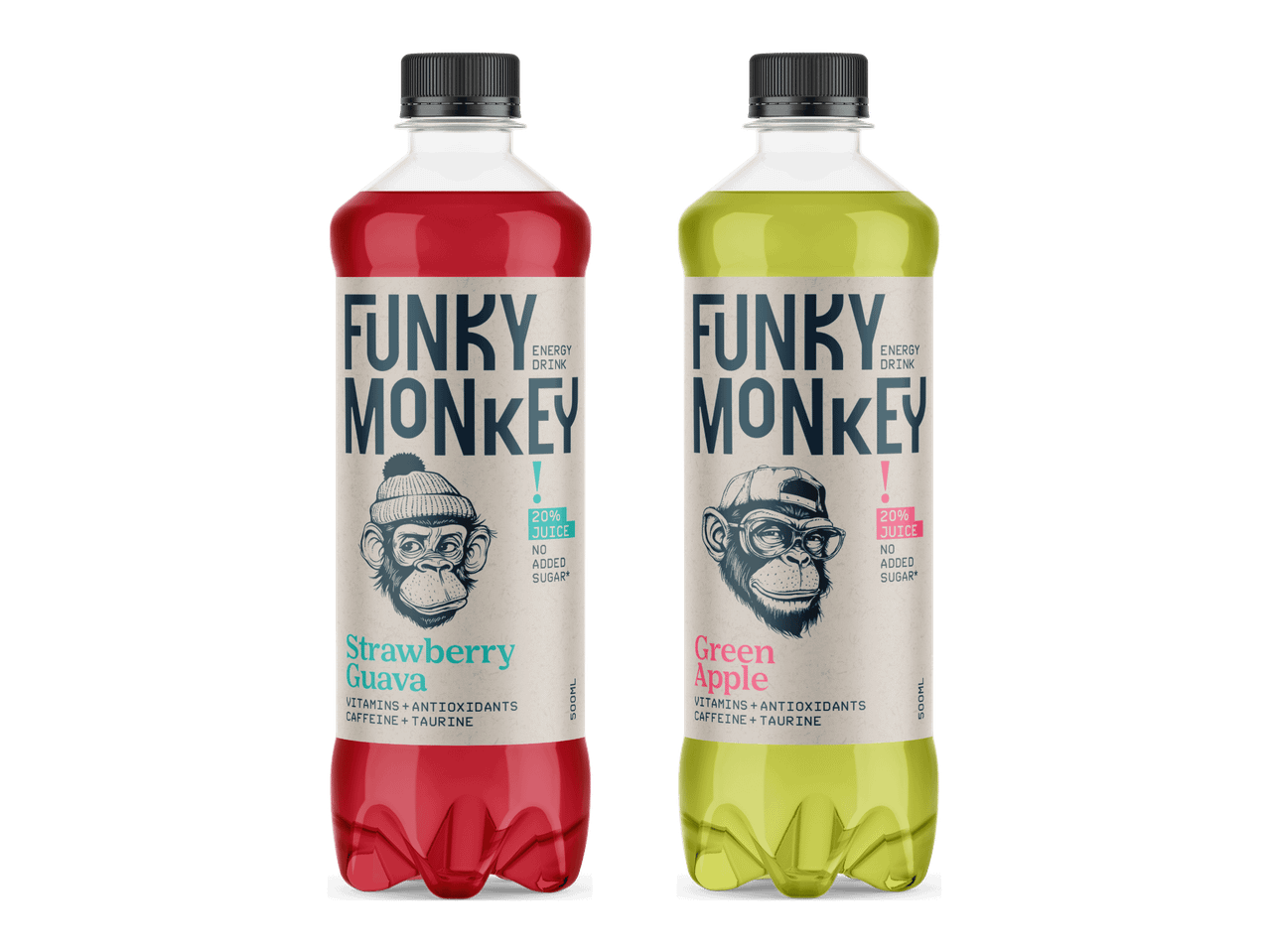 Funky Monkey -energiajuomia makuina mansikka-guava ja vihreä omena.