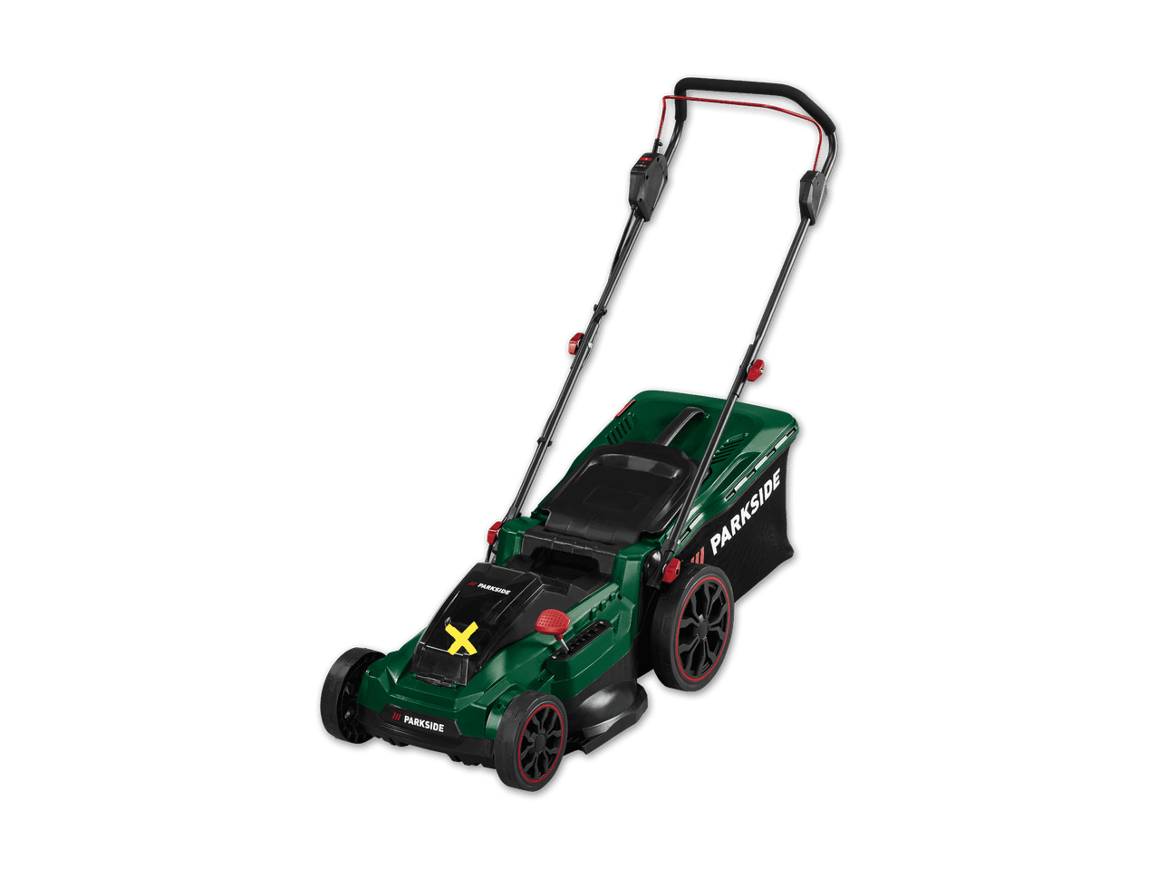 Grüner Rasenmäher mit schwarzem Grasfangkorb und roten Akzenten