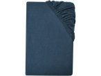 LIVARNO home Jersey Fitted Sheet in a dark blue color, folded to show the elasticated corner.