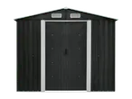 Black metal garden shed with double doors and ventilation openings.
