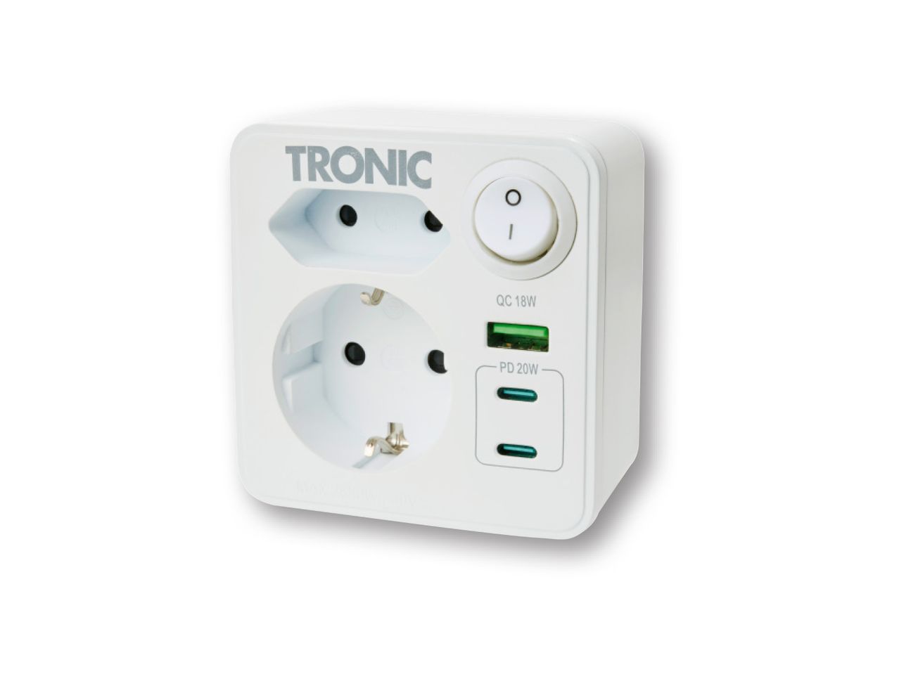 Valge TRONIC vooluadapter kahe pistikupesa, USB-A ja kahe USB-C pordiga.