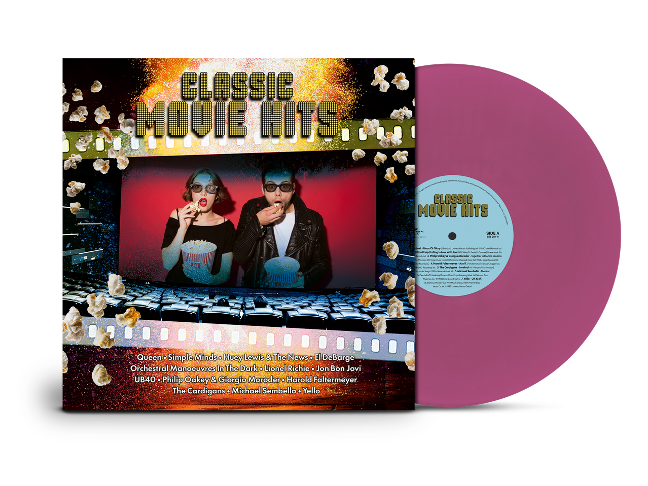 Een paarse vinylplaat met een hoes van 'Classic Movie Hits', waarop twee mensen met 3D-brillen popcorn eten in een bioscoop.