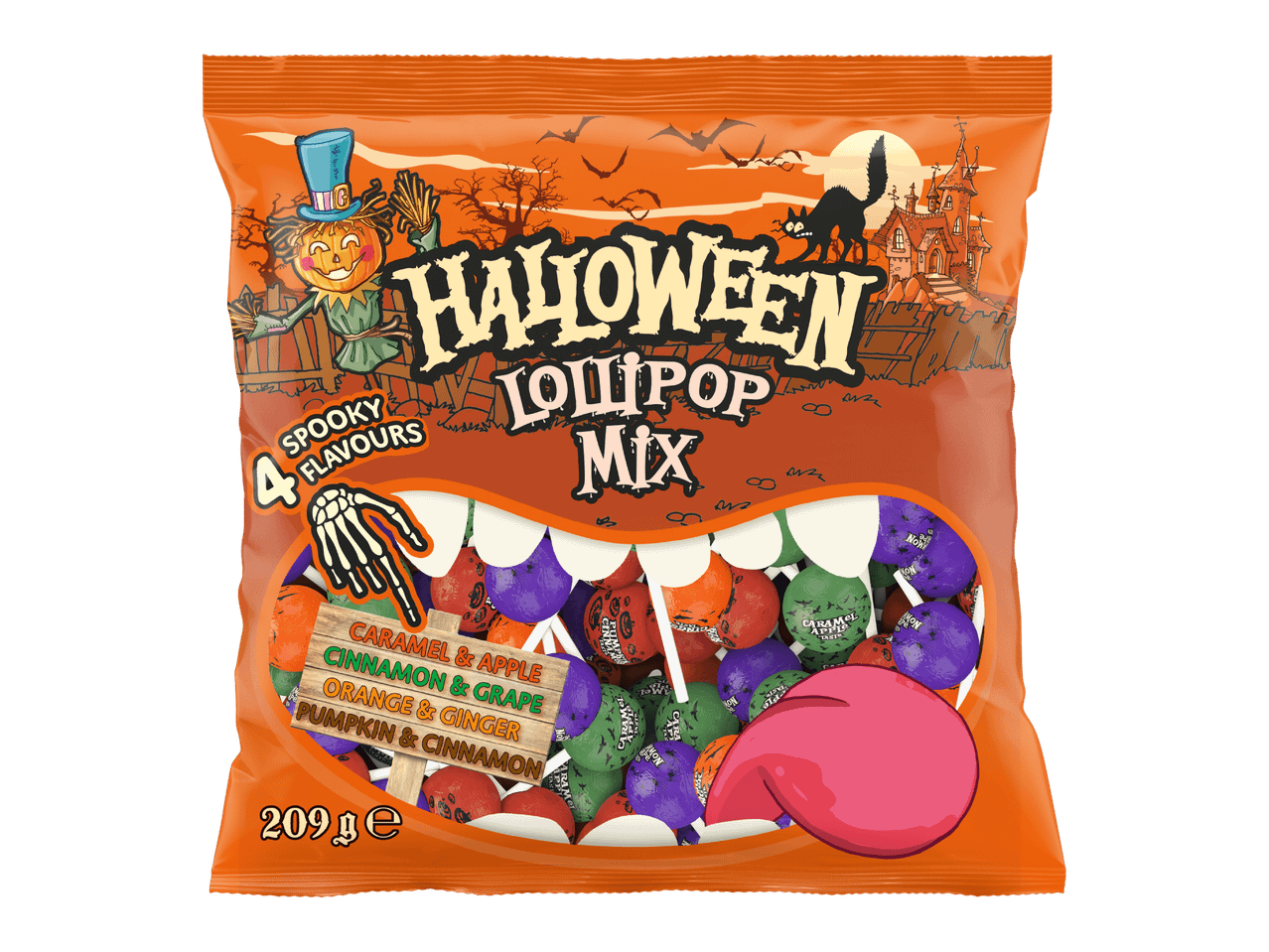 Pussi Halloween-tikkareita neljässä eri maussa, paino 209 g.