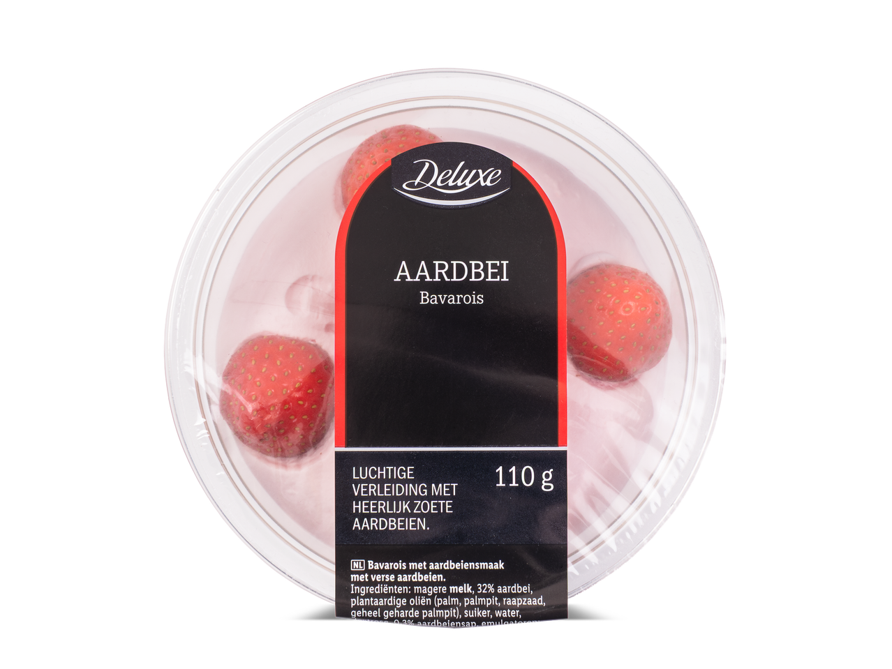 Aardbeienbavarois met verse aardbeien in een transparante verpakking, 110 g.