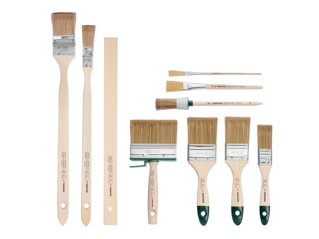 Ein Set aus verschiedenen Pinseln und Bürsten, darunter Flachpinsel, Rundpinsel und ein Flächenstreicher.