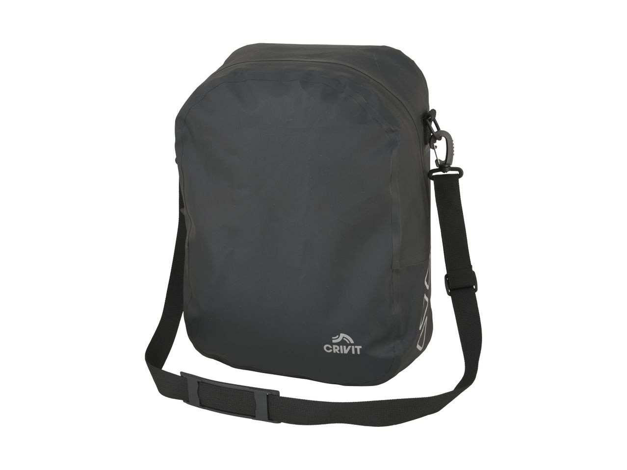 Black waterproof dry bag with a shoulder strap and carabiner clip.