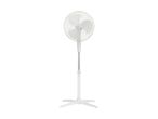 A silver pedestal fan with a circular blade guard.