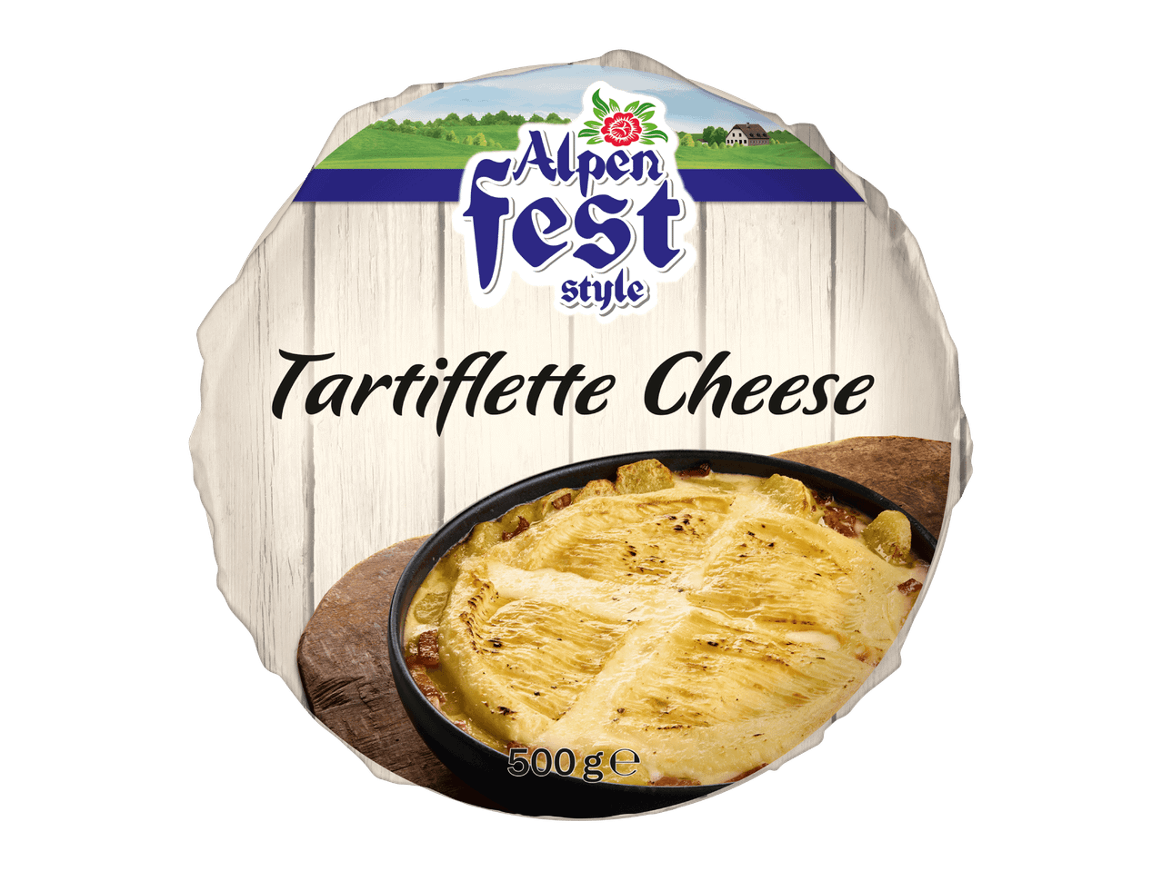 Tartiflette-juusto 500g, puupohjalla, alppimaisemalla ja festivaalityylisellä logolla.