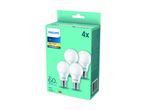 A pack of four LED light bulbs, 8W equivalent to 60W, 806 lumens, warm white 2700K.