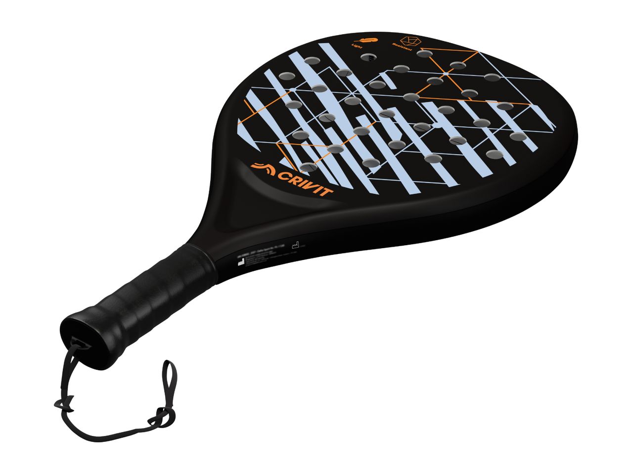 Black padel racket with light blue and orange geometric patterns and a black grip.
