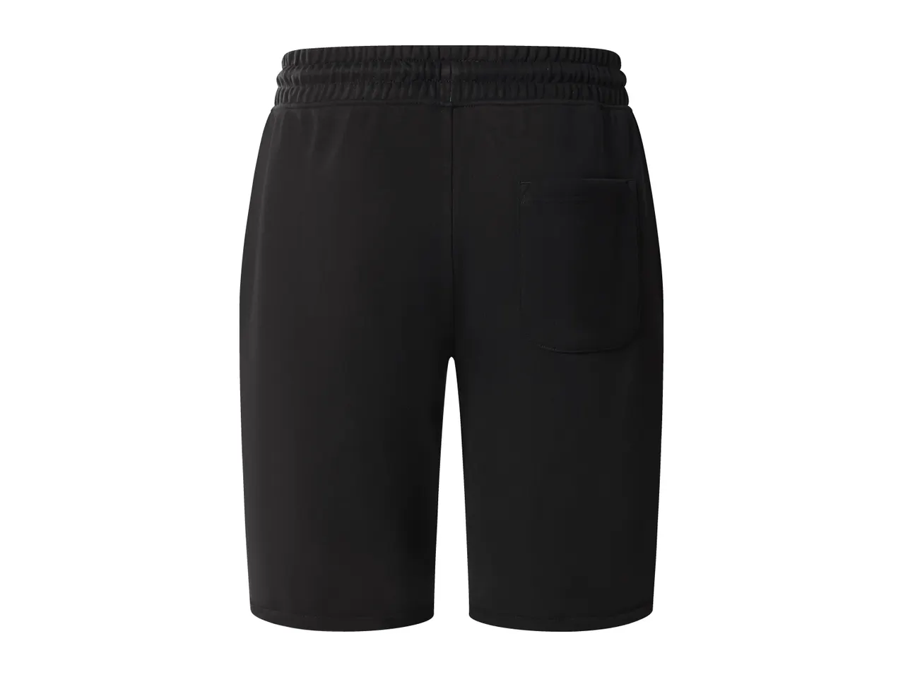 Black men's sweat shorts with an elastic waistband and a back pocket.