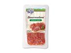 Pakket bondesalami med lufttørret salami, 100g, med et billede af skiver og syltede agurker.