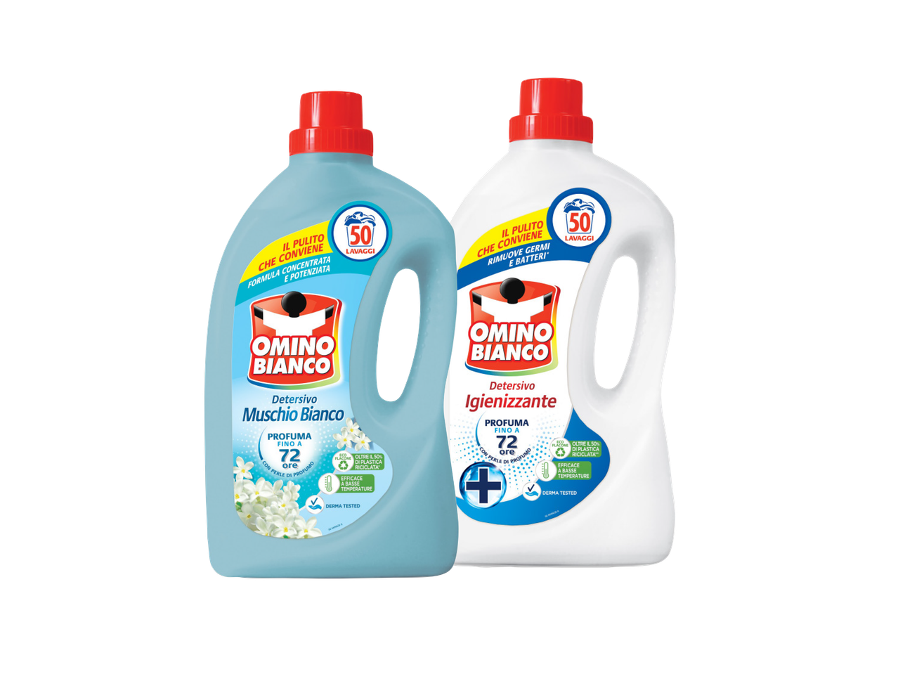 Due flaconi di detersivo Omino Bianco, uno al muschio bianco e uno igienizzante.