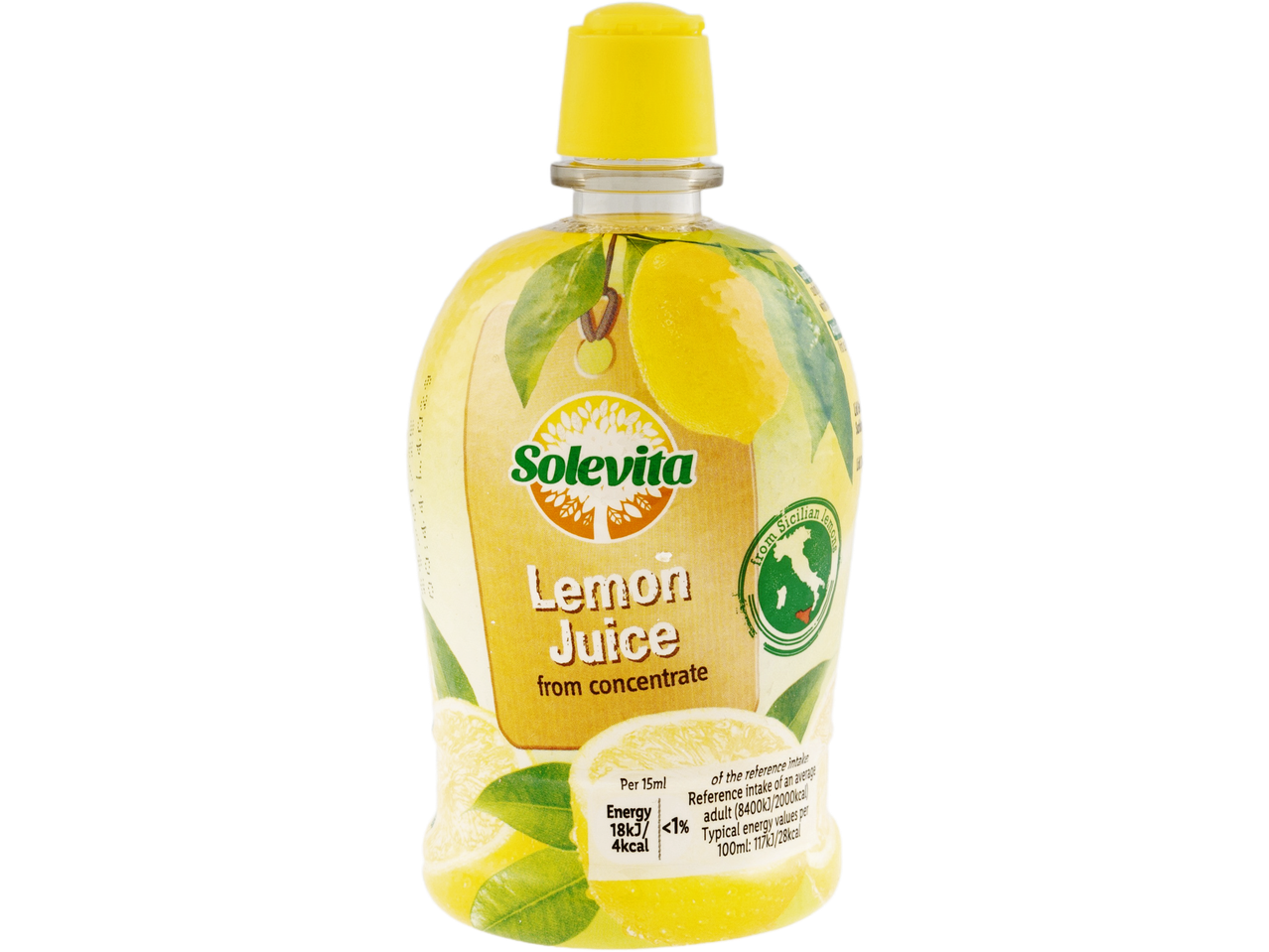 Lemon juice from concentrate in a bottle, with nutritional information and a 'from Sicilian lemons' label.