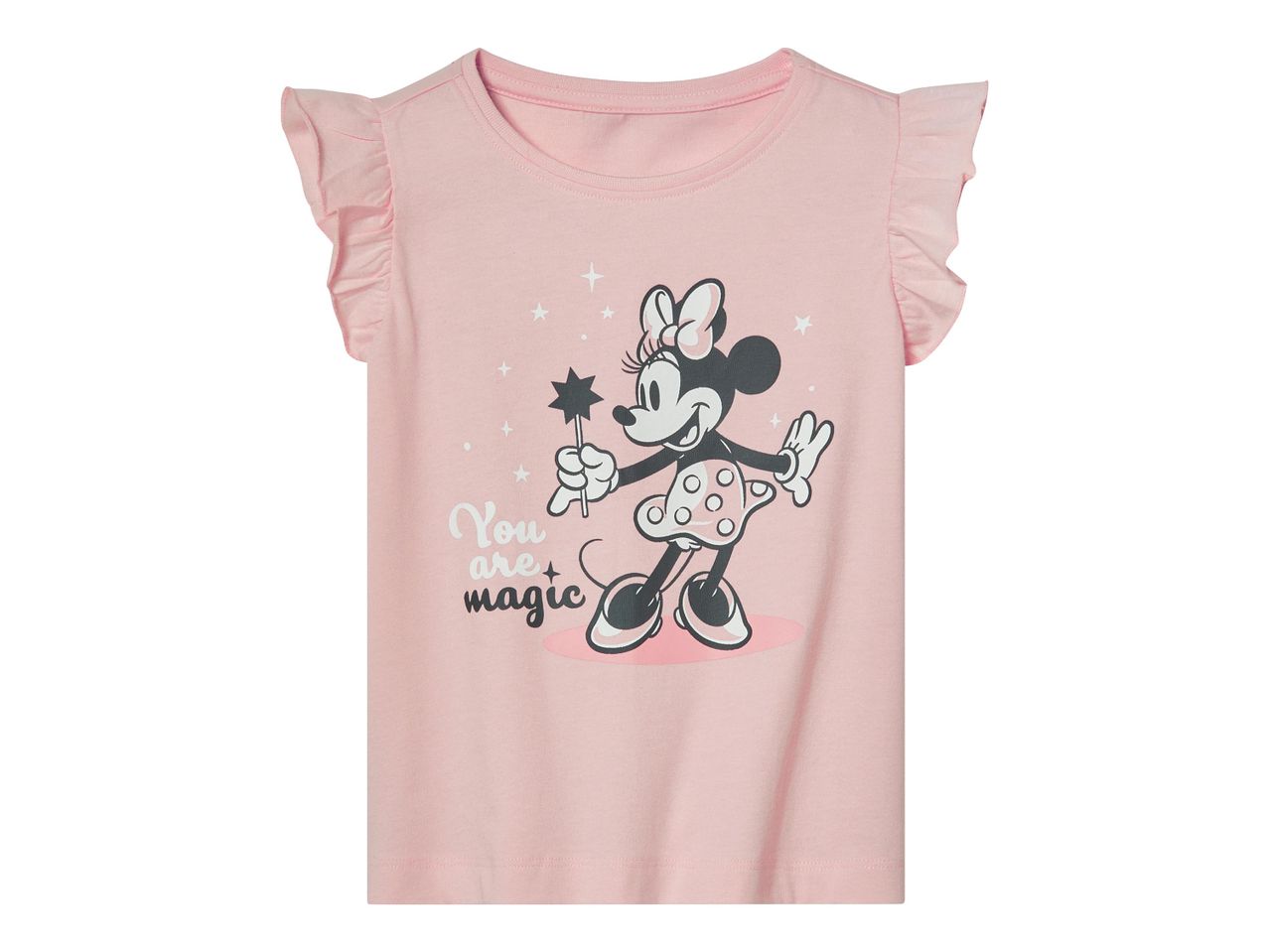 Rózsaszín Minnie egér mintás, fodros ujjú lány gyerekpóló.