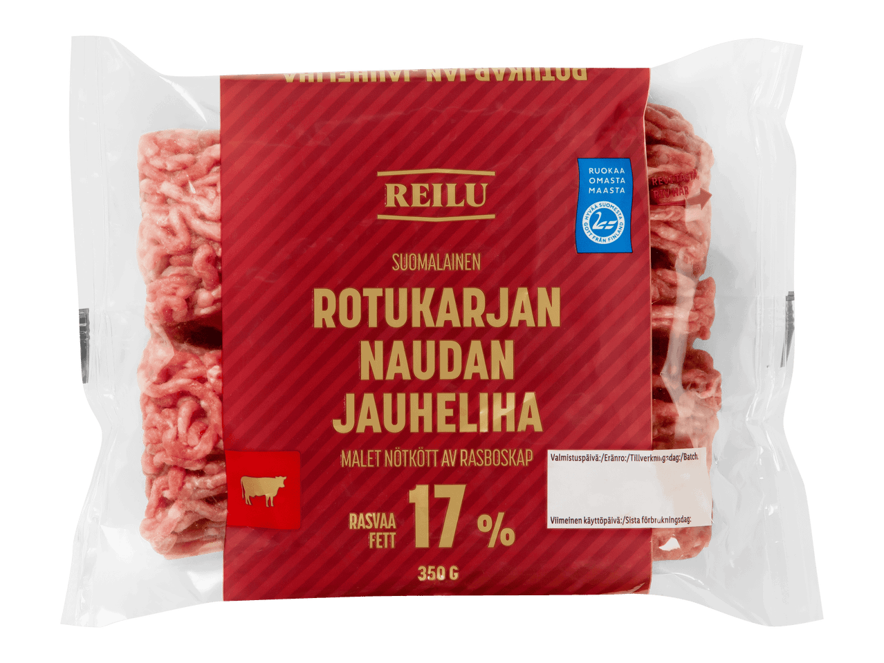 Pakkaus jauhelihaa, jossa on 17 % rasvaa ja 350 g paino. Pakkauksessa on merkintä suomalaisesta alkuperästä.