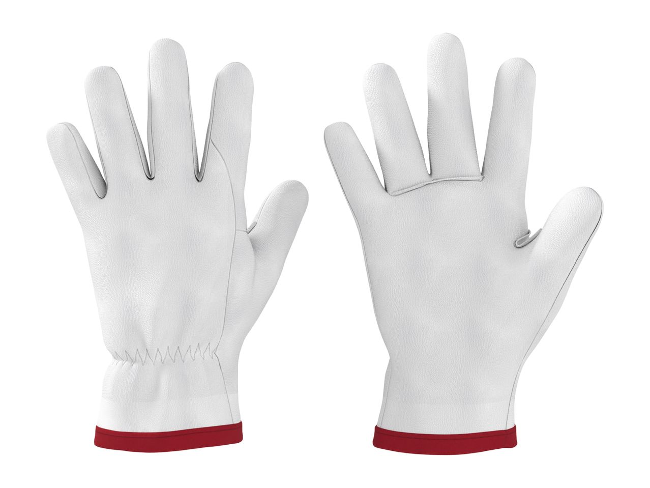 Pair of white work gloves with red cuffs, front and back view.