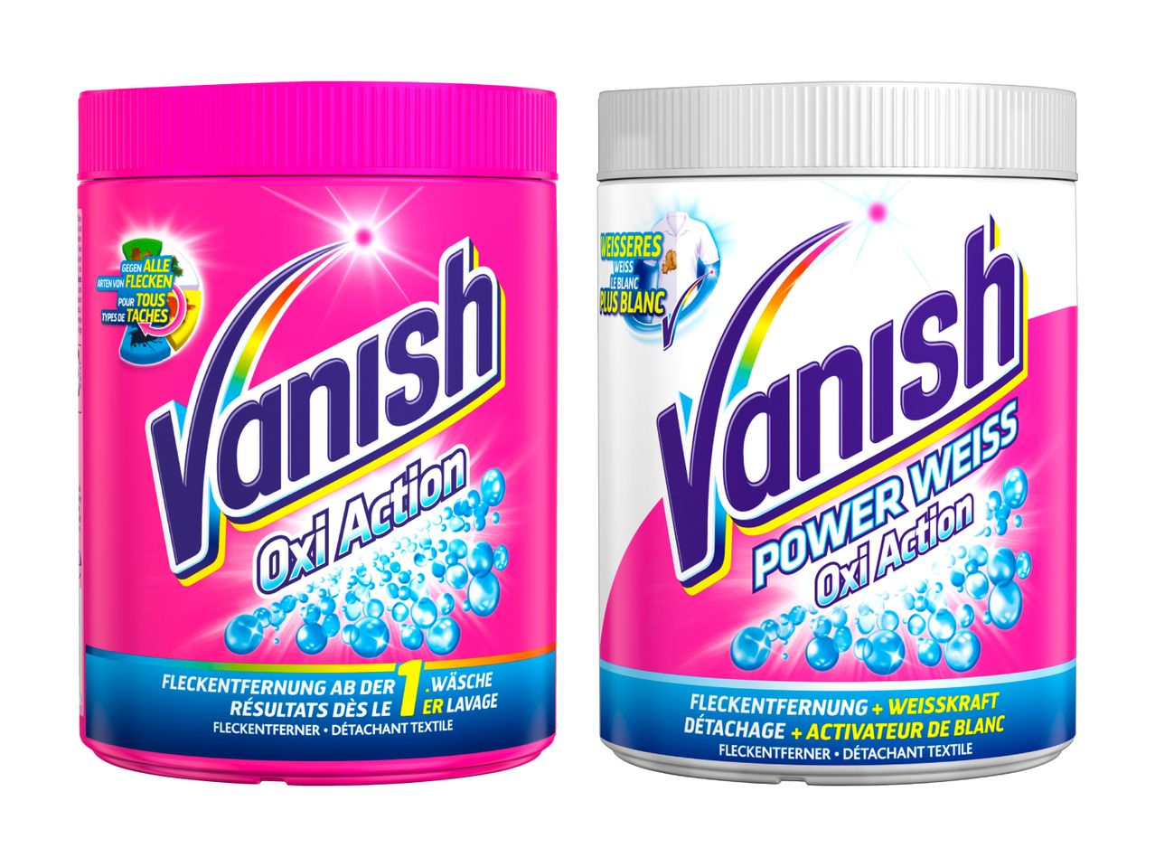 Due barattoli di Vanish smacchiatore, rosa e bianco.
