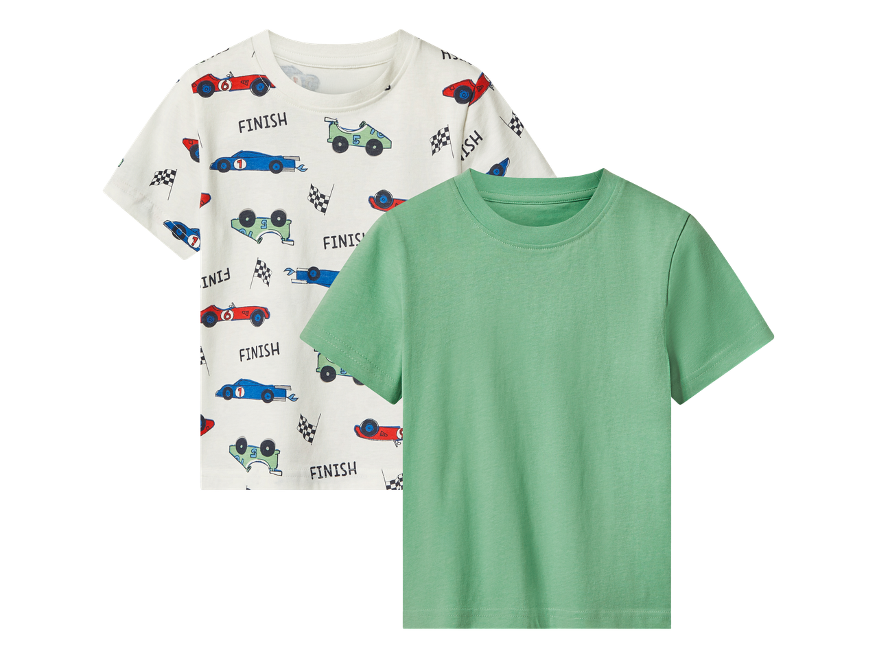 Dječje majice kratkih rukava: jedna s uzorkom trkaćih automobila i natpisom 'FINISH', druga zelena.