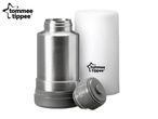 Tommee Tippee stainless steel flask and white container with a grey lid.